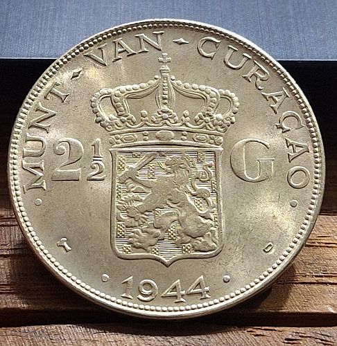 1944-D Netherlands Silver 2 1/2 Gulden "Queen Wilhelmina"