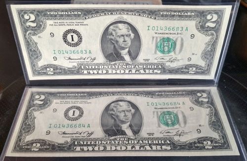 9 Consecutive Serial Numbers 1976 2 Dollar Notes Uncirculated Minneapolis Key  Note