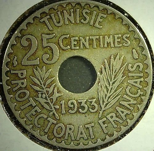 1933 Tunisia 25 Centimes AH1352 French Protectorate KM#260 Low Mintage VF Coin