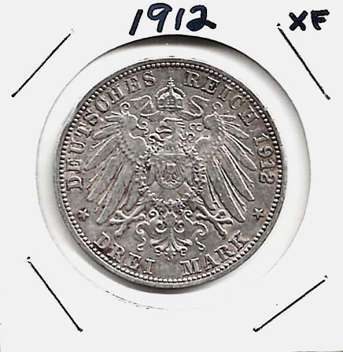 1912 German Empire Prussia 3 Mark Silver Coin 0.9 Fine***XF***