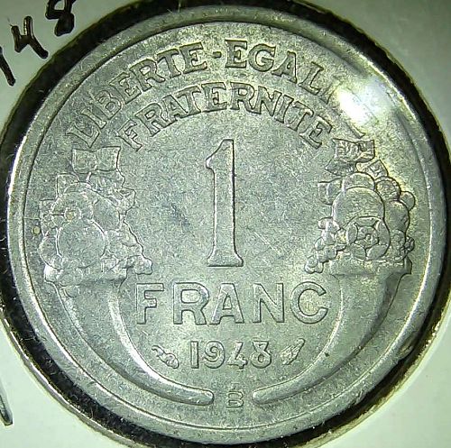 1948 B France 1 Franc Aluminum Coin Morlon Fourth Republic Scarce Key Date KM# 885a.2