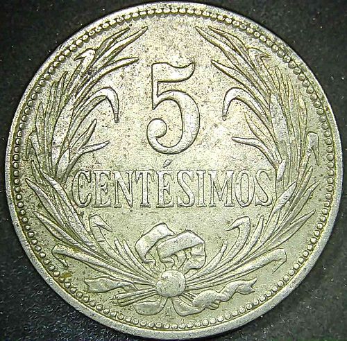 1936 A Uruguay 5 Centesimos Radiant Sun Copper-Nickel Coin KM# 21 Choice XF