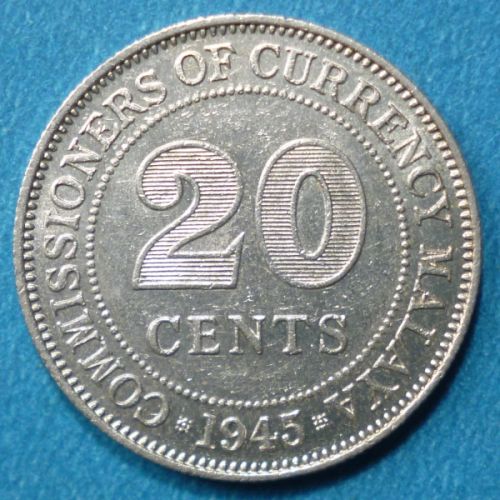 Malaya 20 Cents 1945 KM# 5a Silver