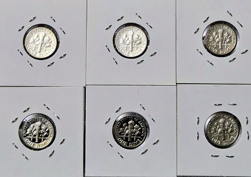 1968-1973 (S) Proof Roosevelt Dimes, 6 Ten-Cents Uncirculad US Coins, Consecutive 10c