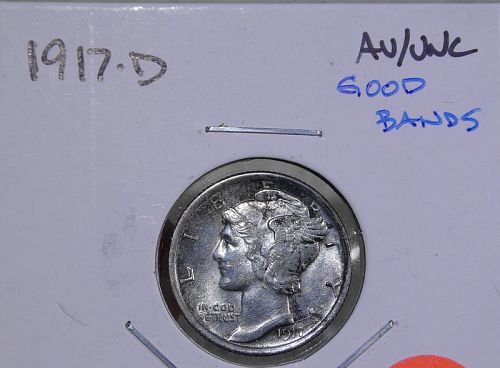 1917-D Mercury Dime, Choice Almost Uncirculated, Good Bands 0923