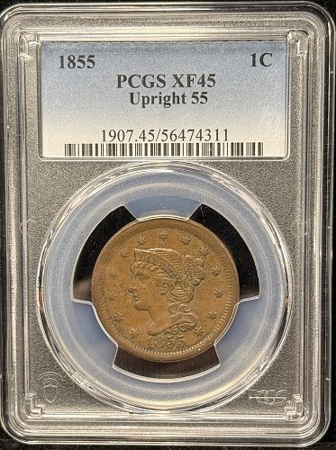 1855 Braided Hair Liberty Head Large Cent Upright 5s Coin Value