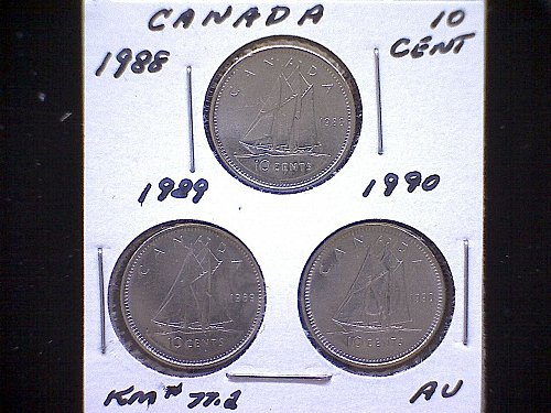 1988-89-90  CANADA  QUEEN ELIZABETH 11  10 CENT COINS  "3 COIN LOT"