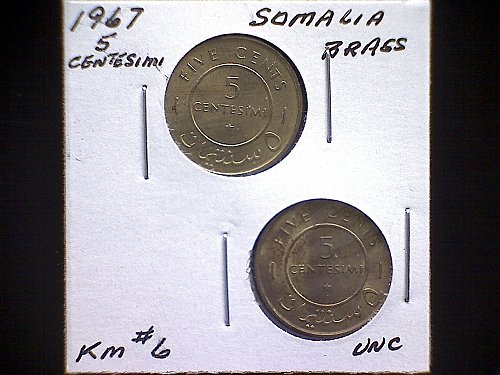 1967 SOMALIA FIVE CENTESIMI  (2 COIN SET)