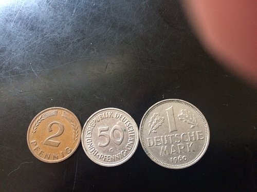 3 GERMAN COINS, 1960 2 PENNIG, 1978 50 PENNIG, 1960 1 DEUTSCHE MARK