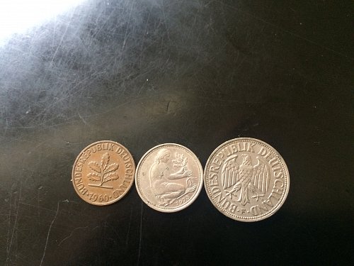 3 GERMAN COINS, 1960 2 PENNIG, 1978 50 PENNIG, 1960 1 DEUTSCHE MARK