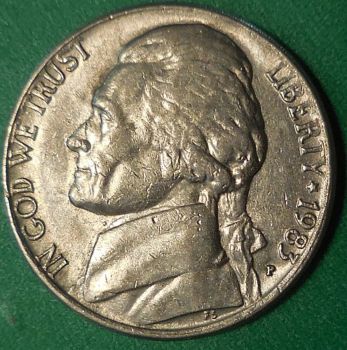 1983-P Jefferson Nickel Die Clash Error.