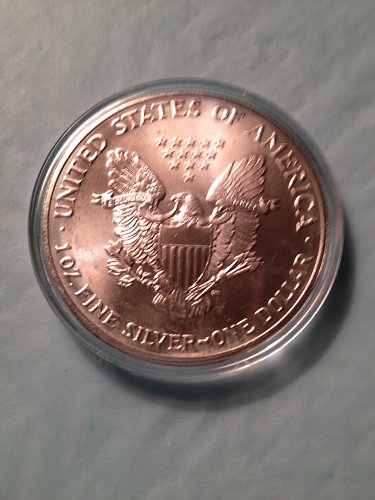 1990 American Silver Eagle in a airtight holder (some spotting)