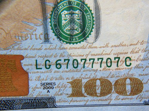 2009-A $100 *Lucky 7's* Federal Reserve Note Bill, (LG 6 7077707 C)
