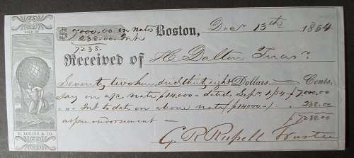 1854 Boston, Massachusetts Receipt for $7,238