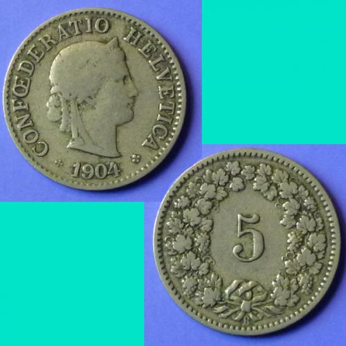 Switzerland Swiss Suisse Helvetia 5 rappen 1904 B km 26