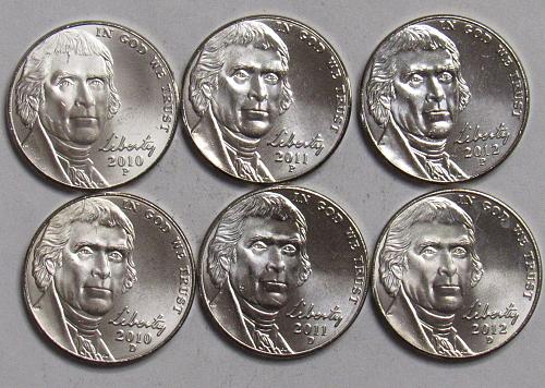 2010 P&D, 2011 P&D and 2012 P&D Jefferson Nickels in BU