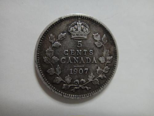 CANADA 5 Cents 1907 Very Fine-20 Nice Light Pearl Grey Silver Color!