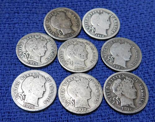 MIXED LOT OF 8 BARBER DIMES, 90% SILVER COINS