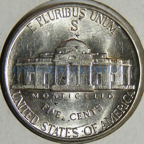 1943-S Jefferson Nickel Close to Bisecting Rim to Rim Die Error