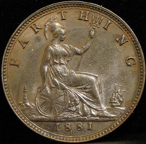 1881 H Great Britain Farthing  *** H left - harder to find variant ***