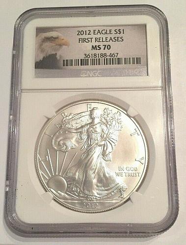 2012 AMERICAN SILVER EAGLE. 1 OUNCE SILVER. NGC GRADED MS-70. FIRST RELEASE.