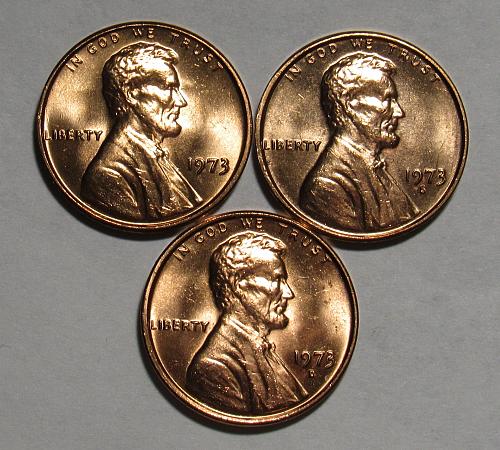 1973 P,D&S Mint State Lincoln Memorial Cents in Red BU condition