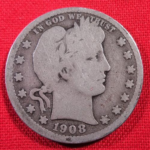 1908-S Silver Barber Quarter in VG condition - Very Low Mintage