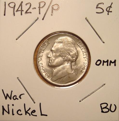 1942 P/P Re-punched Mintmark Jefferson Silver "WAR" Nickel Coin Choice BU