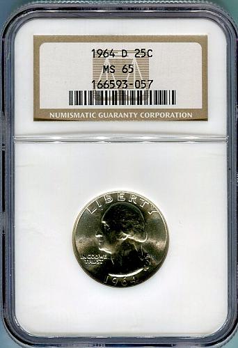 1964 - D  Washington Quarter  -  NGC  -   MS   65