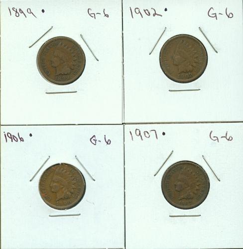 1899 - 1902 - 1906 - 1907  INDIANHEAD CENTS   VERY GOOD