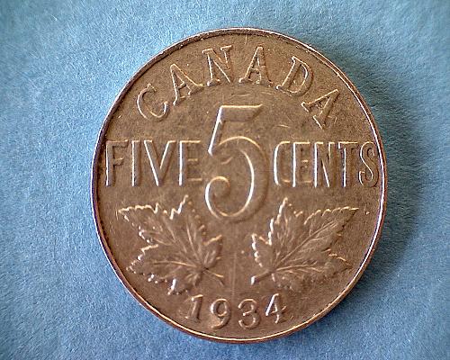 1934  CANADA FIVE CENTS  KING GEORGE V   "NEAR RIM"