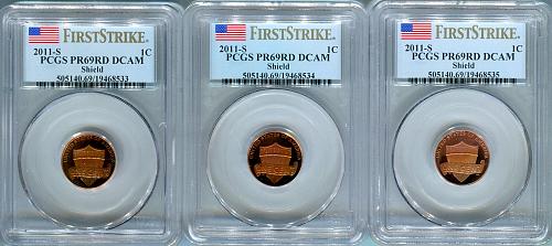 3 - 2011 - S  LINCOLN - SHIELD  CENT  "First Strike"  -   PCGS  -   PR 69 RD DCAM