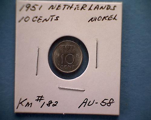 1951 NETHERLANDS  TEN CENTS