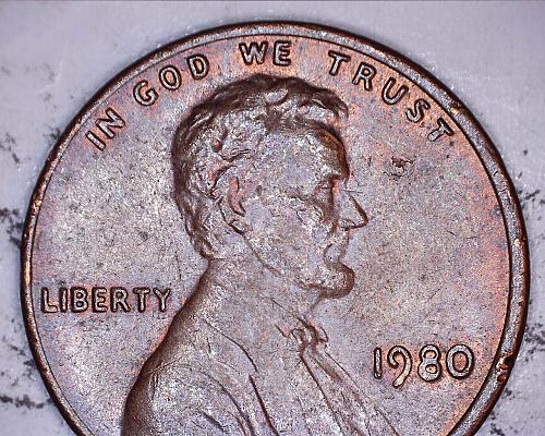 1980 P penny reverse lamination peal