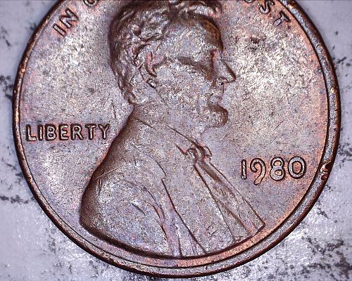 1980 P penny reverse lamination peal