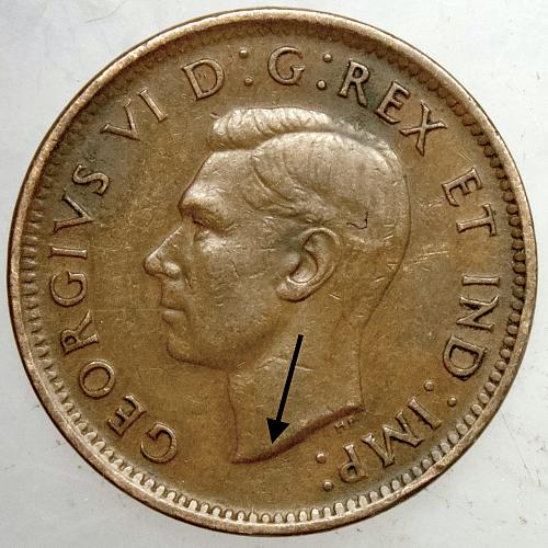 1942 Canada Cent #5 DIE CRACK below portrait 6:00