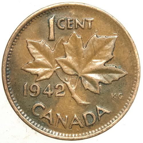 1942 Canada Cent #5 DIE CRACK below portrait 6:00