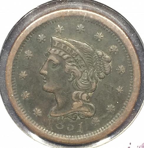 1851 LARGE CENT, XF