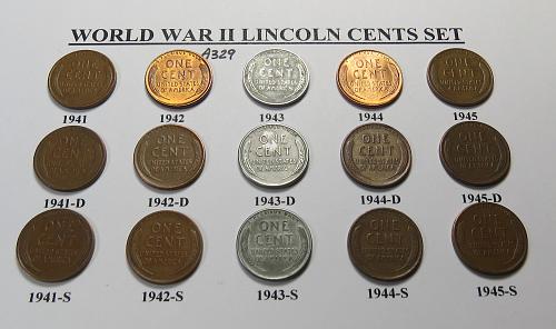 1941 42 43 44 45 PDS LINCOLN WHEAT CENT SET 15 CENT LOT WORLD WAR 2 LOT A329