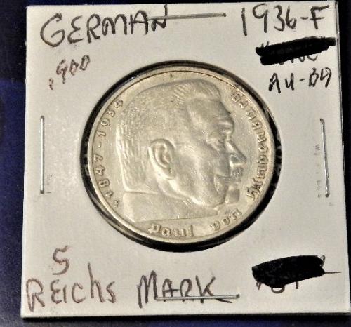 1936-F German 5 Reich's Mark  CH-AU-BU Silver Coin