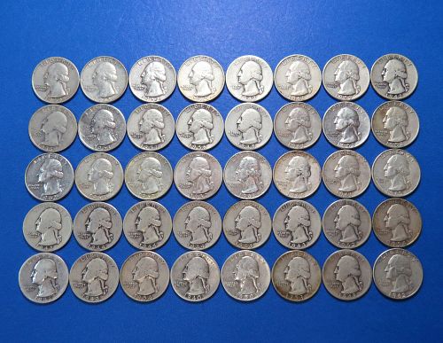 1935 to 1964 WASHINGTON QUARTER ROLL OF 40 US COINS ~ 90% SILVER ~ LOT B451