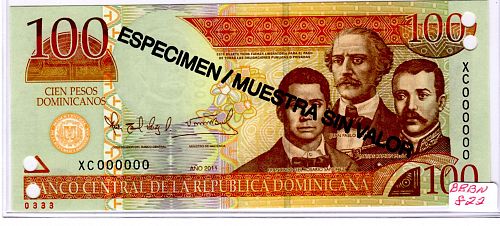 2011 DOMINICAN REPUBLIC ONE HUNDRED PESOS 'ORO'  BANKNOTE "SPECIMEN"