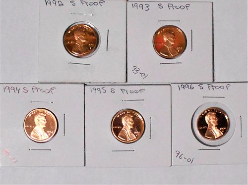 1992-1996 S Proof Lincoln cents. All 5