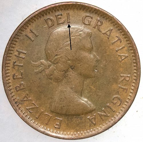 1953 CANADA 1 CENT #8 Shoulder Fold Variety SF