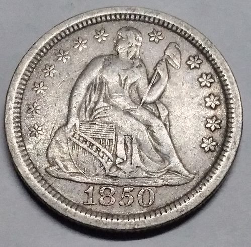 1850-P Seated Liberty Dime 10c, Silver, full LIBERTY, XF+ details, beautiful!