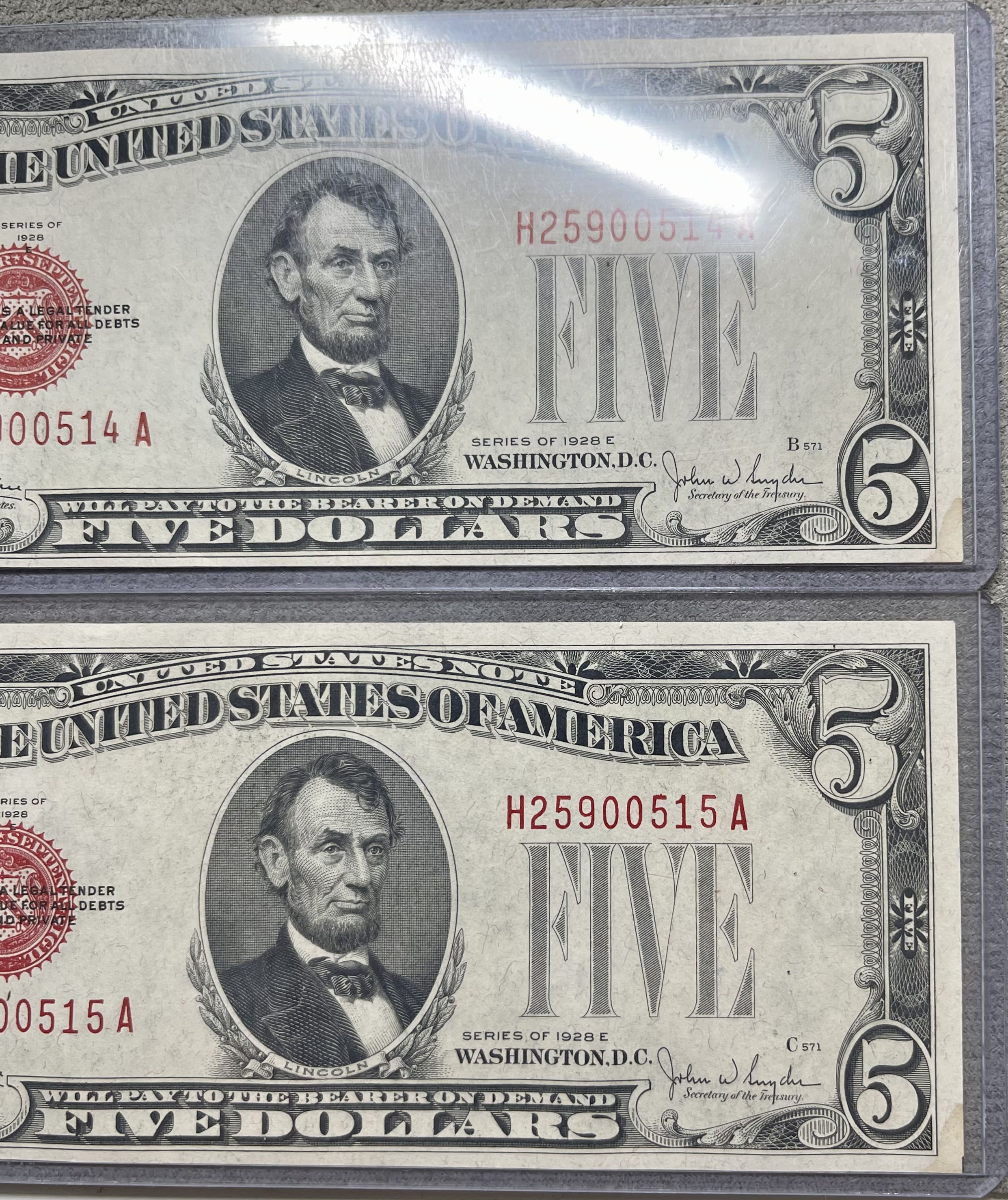 1928-E Consecutive Uncirculated $5.00 US “Red Seal” Notes ...