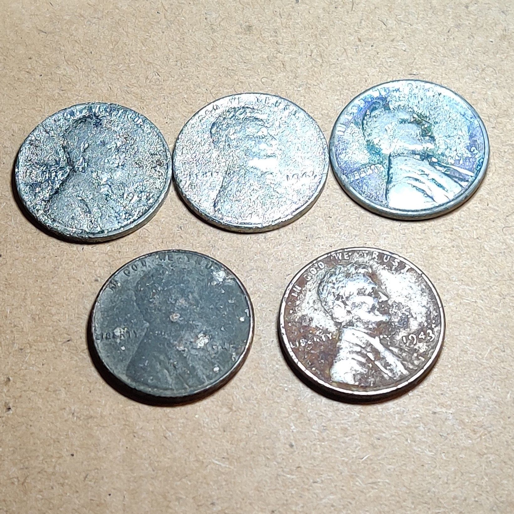 1943 Steel With Zinc Coating Lincoln Wheat Penny Lot Of 5 Sticks To A 1943-steel-with-zinc-coating-lincoln-wheat-penny-lot-of-5-sticks-to-a