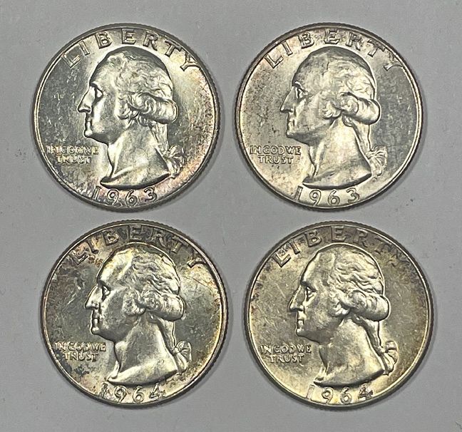 Lot of 1963 & 1964 Washington Silver Quarters, 4 Coins UNC 1 Face