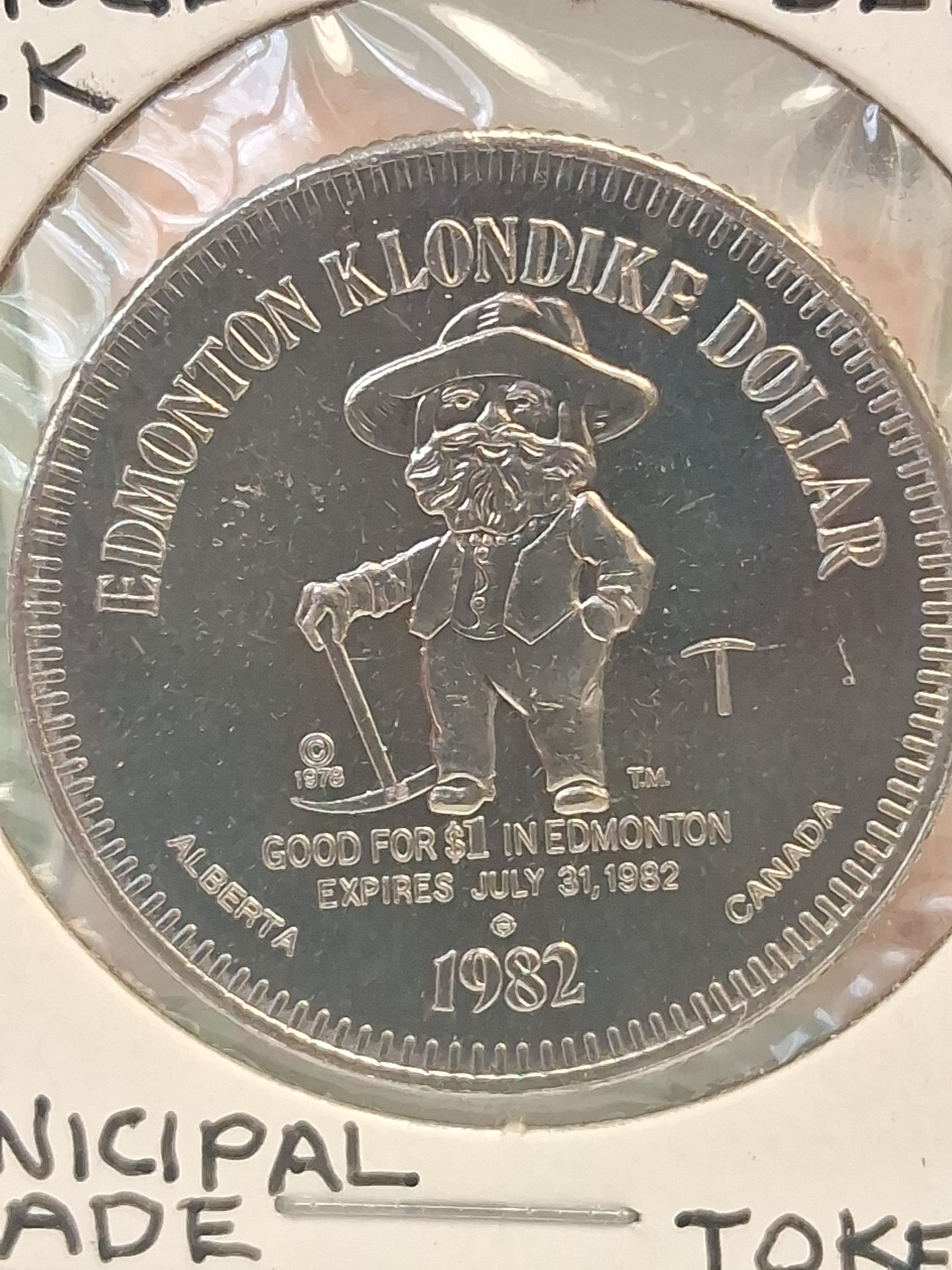 1982 Canada 1 Klondike Dollar Edmonton, Alberta Pickaxe Pick George ...