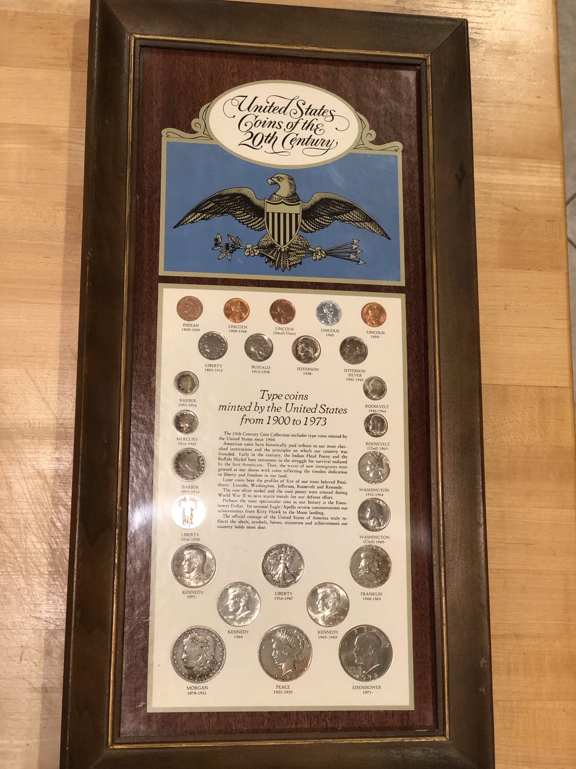 20th Century United States Coins in a framed collection